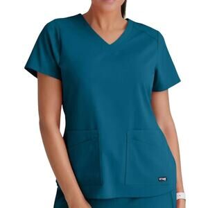 Greys Anatomy Barco Riley Scrub Top M Bahama Blue 3 Pocket‎ Mock Wrap Medical